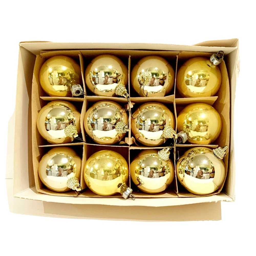 Vintage Christmas Tree Ornaments Gold Baubles Balls Round Set of 12 Box Holiday